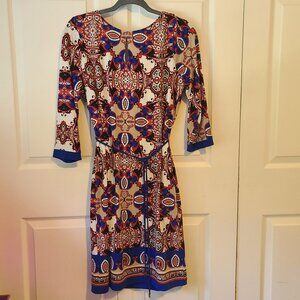 LIZ CLAIBORNE Women's Medium Dress 3/4 Sleeves Colorful Tie Belt Stretchy